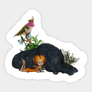 Little fairy with awesome black wolf Sticker